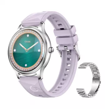 Smartwatch Colmi L28 srebrny-fioletowy z fioletowym skórzanym paskiem