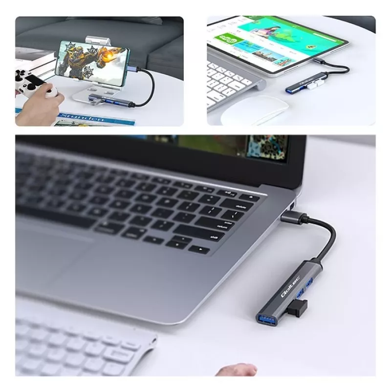 Hub USB QOLTEC 53792, USB-C 3.1 na 4 porty (USB 3.0 x1, USB 2.0 x3)