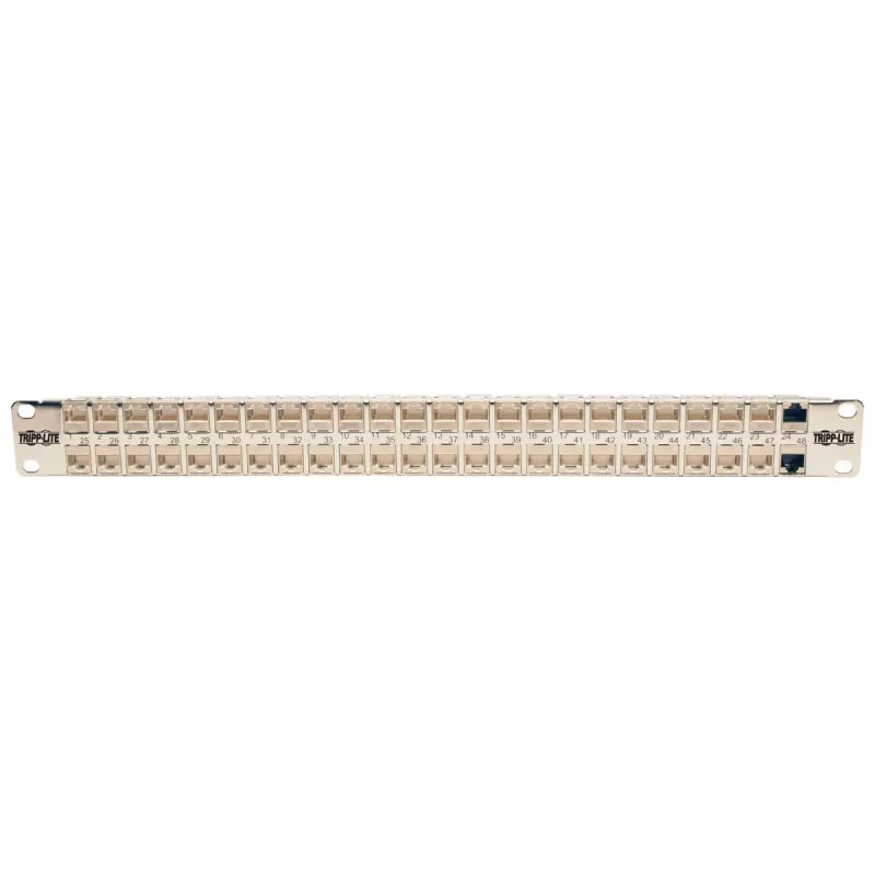 Tripp N254-048-SH-6A 48 portów, 1U, ekranowana, Cat6a STP panel krosowy przepustowy - RJ45 Ethernet - TAA - 10 Gigabit Ethernet - RJ-45 - Cat6a - Srebrny - Biały - Montaż w szafie