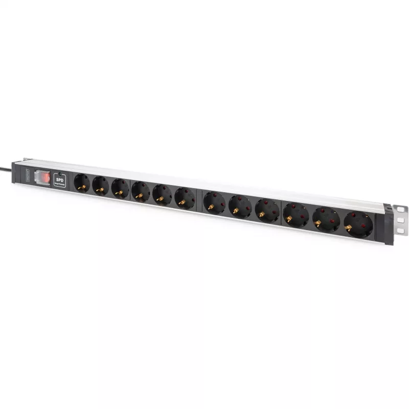 Digitus Listwa zasilająca 12 gniazd bezpiecznych profil aluminiowy ochrona przeciwprzepięciowa kabel 2m
