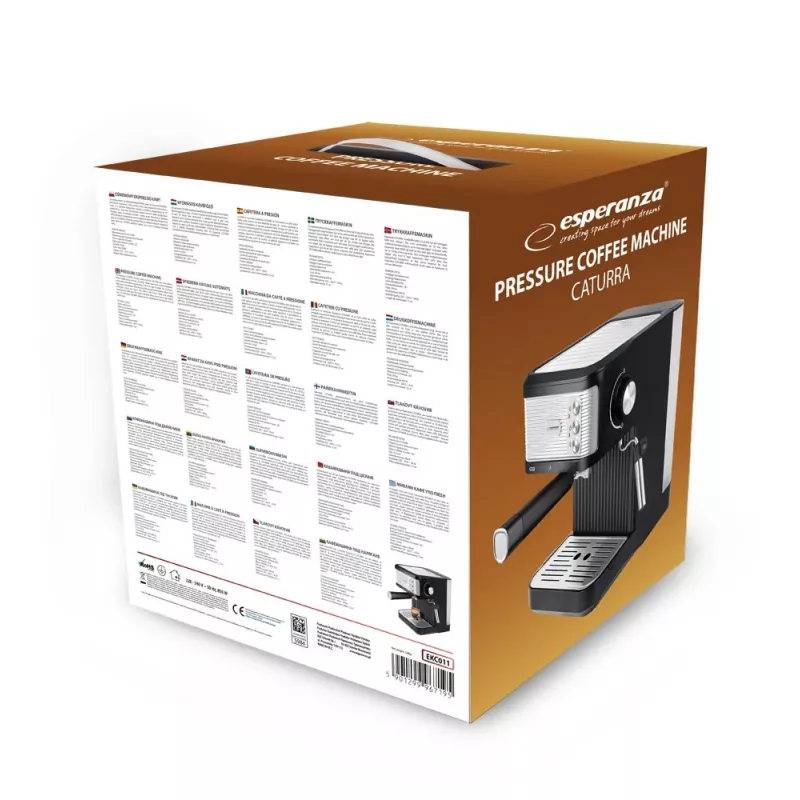 Ekspres do kawy espresso ESPERANZA EKC011 — zbiornik na wodę 1,8 l, 850 W, 20 barów, sterowanie dotykowe, spieniacz mleka