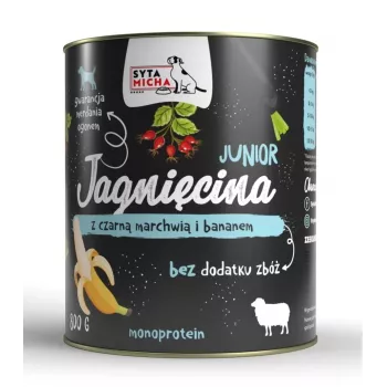 Mokra karma dla psa SYTA MICHA Junior z jagnięciną, czarną marchewką i bananem, 800 g, monobiałkowa, bezglutenowa i bez dodatku cukru