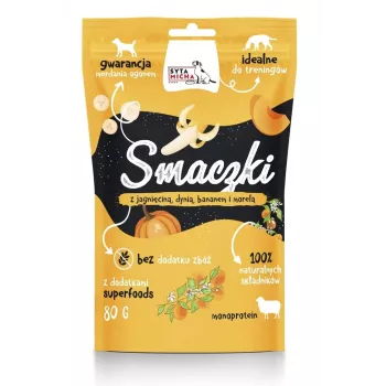 Przysmaki dla psów SYTA MICHA Treats z jagnięciną, dynią, bananem i morelą 80 g — bezzbożowe, hipoalergiczne, dla dorosłych psów