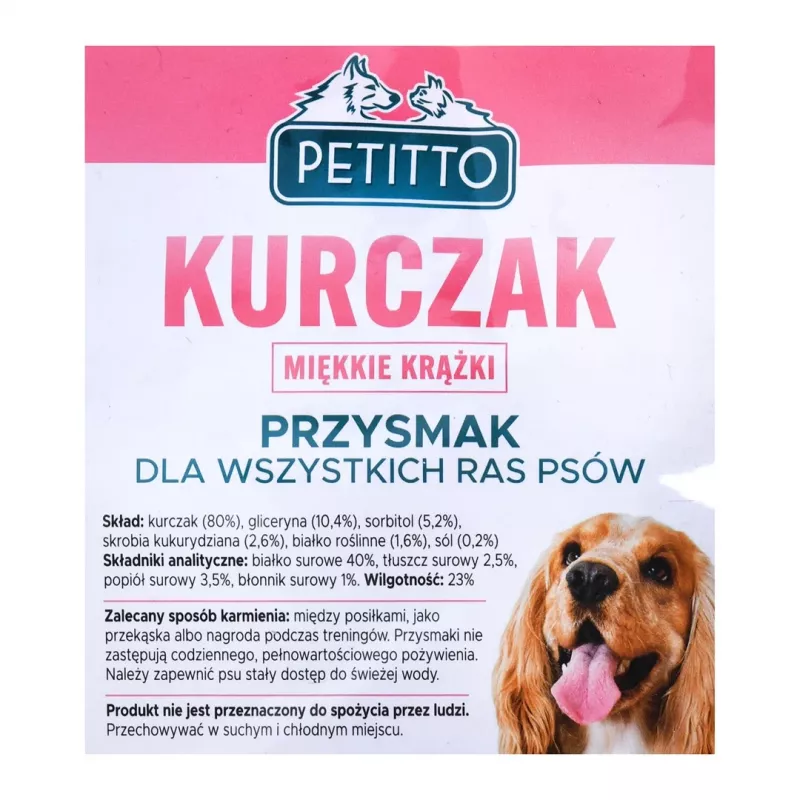 Przysmaki dla psa PETITTO Miękkie pierścienie z kurczaka 500 g — miękka przekąska z kurczaka, opakowanie 500 g, białko 40%, wilgotność 23%