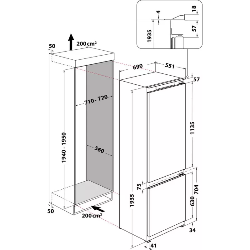 WHIRLPOOL Lodówka do zabudowy WH SP70 T121, szerokość 69 cm, wysokość 193,5 cm, klasa energetyczna E, No Frost