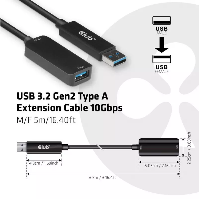 CLUB3D USB 3.2 Gen2 Type A Extension kabel 10Gbps M/F 5m/16.40ft