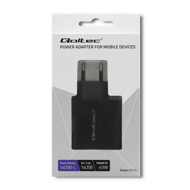Zasilacz QOLTEC 51717 45W 20V 3A ładowarka sieciowa wewnętrzna do smartwatcha, czarny