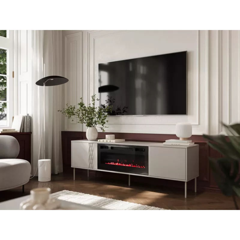 Szafka RTV z kominkiem Cama Meble TRESSE 180x40x54.5 cm — czarna rama, blat mat kaszmirowy