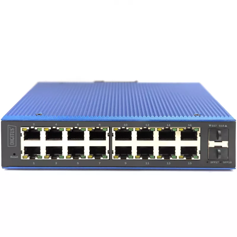 DIGITUS Przemysłowy przełącznik Gigabit Ethernet zarządzalny L2 16x RJ-45 + 2x SFP, 12–48 V DC, 8000 MAC