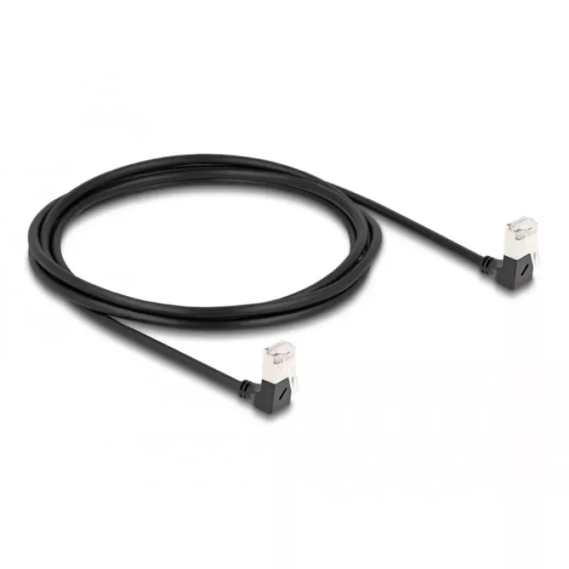 DeLOCK Kabel sieciowy RJ45 kat.6A S/FTP cienki 90° w dół 2 m czarny
