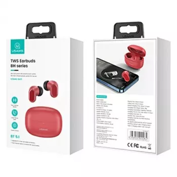 Bezprzewodowe słuchawki douszne TWS usams seria BH BHUBH03 Bluetooth 5.1, czerwone — douszne, etui ładujące