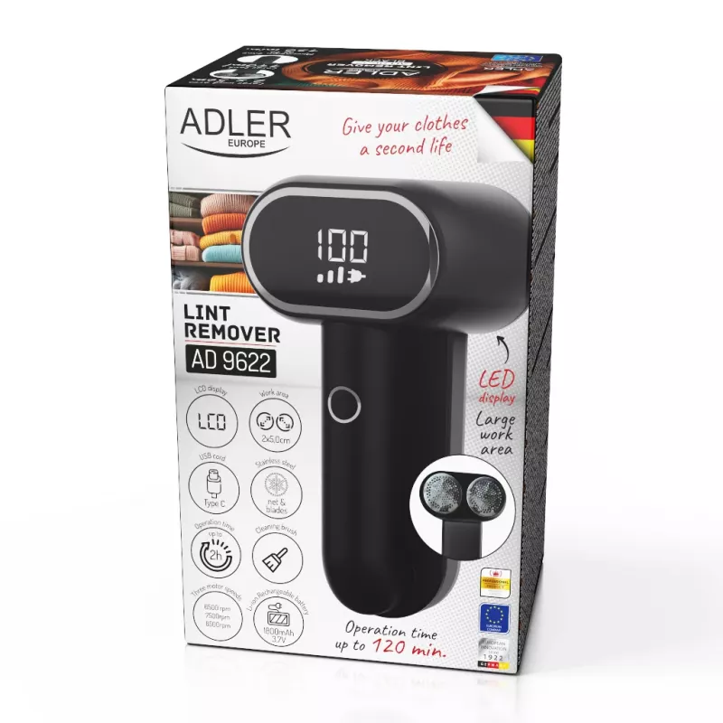 Adler | Usuwacz kłaczków | AD 9622 | Czarny | Bateria akumulatorowa | 10 W