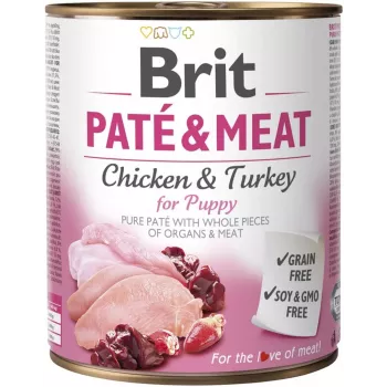 Mokra karma dla psa Brit Paté & Meat 800 g — pełnoporcjowa karma w puszce dla juniorów, indyk i kurczak, bezzbożowa, 75% wilgotności