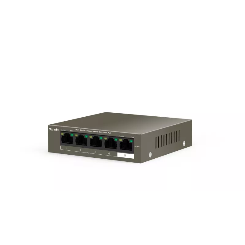 Przełącznik sieciowy TENDA TEG1105P-4-63W-EU, 5x Gigabit RJ-45, 4x PoE (57,8 W łącznie), 10 Gbit/s przełączanie
