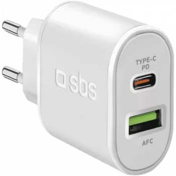 SBS - Zasilacz - 20 W - 3 A - Szybkie ładowanie, PD - 2 porty wyjściowe (USB, USB-C 24-pin) - Biały - Europa (TETRPD20W)