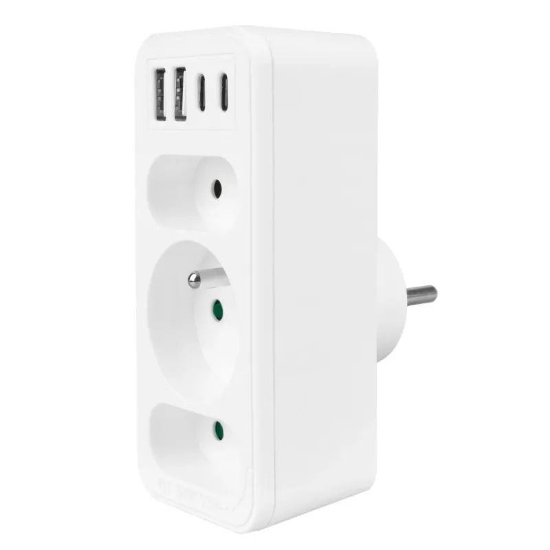 Rozgałęziacz zasilania MACLEAN MCE248 F/W — 3 gniazda AC (1×16A, 2×6A) + 4×USB (2×A, 2×C PD 20W), wtyczka EU, biały