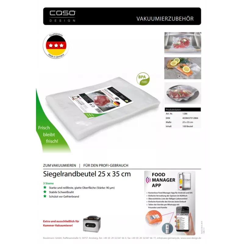 Caso | Worki z uszczelnionymi krawędziami | 01286 | 100 sztuk | Wymiary (szer. x dł.) 25 x 35 cm