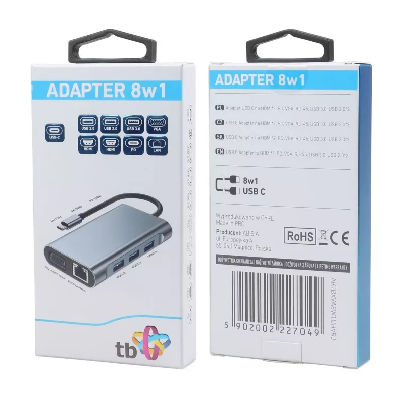 HUB 8w1 Adapter USB C HDMI x2 USB VGA RJ45 PD