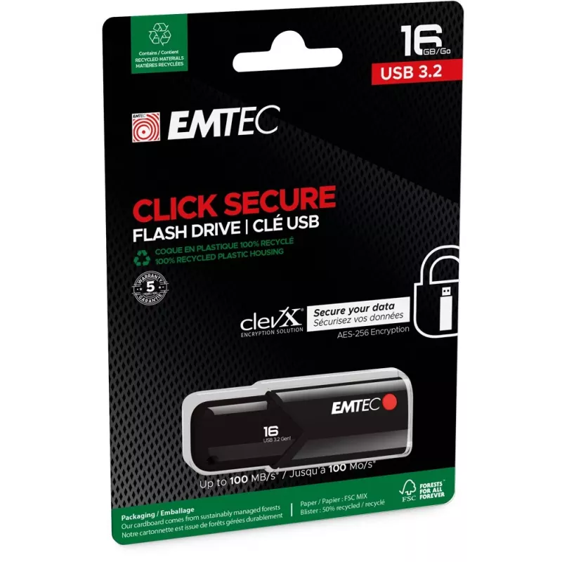 Pamięć flash USB Emtec B120 Click Secure 16 GB USB Type-A 3.2 Gen 2 Czarny