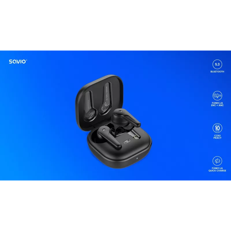 Zestaw słuchawkowy douszny TWS SAVIO TWS-12, Bluetooth 5.3, wbudowany mikrofon, czarny