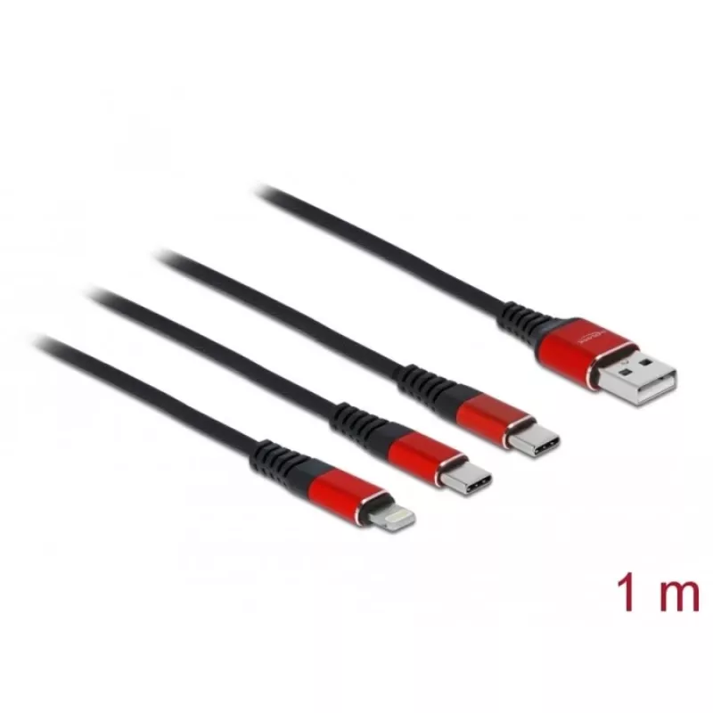 Kabel ładujący USB DeLOCK 3 w 1 Typ-A do Lightning / 2 x USB Typ-C 1 m czarny/czerwony