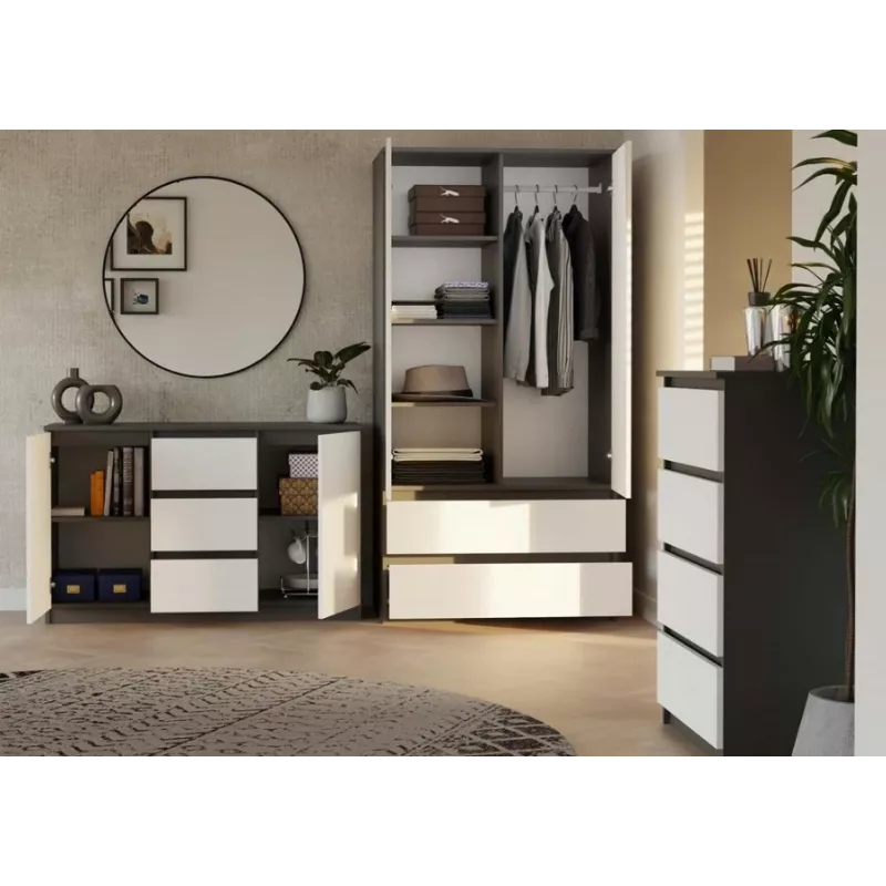Komoda 2 drzwi 3 szuflady top e shop M-MP-K-MAL-2D3S-ANTBIA — rama antracytowa, białe drzwi, 1200×750×400 mm