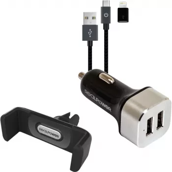 Ładowarka samochodowa RealPower 168182 do smartfonów, czarno-srebrna