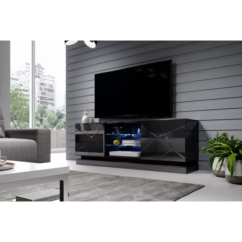 Szafka RTV cama meble QIU 160 — MDF czarny połysk, 1600×420×570 mm