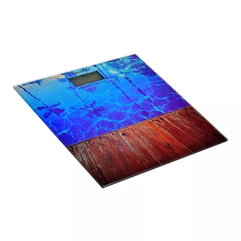 Elektroniczna waga osobista ESPERANZA EBS011 — szklana platforma z 4 sensorami, maks. 180 kg, dokładność 100 g, wyświetlacz LCD 70x34 mm, bateria CR2032