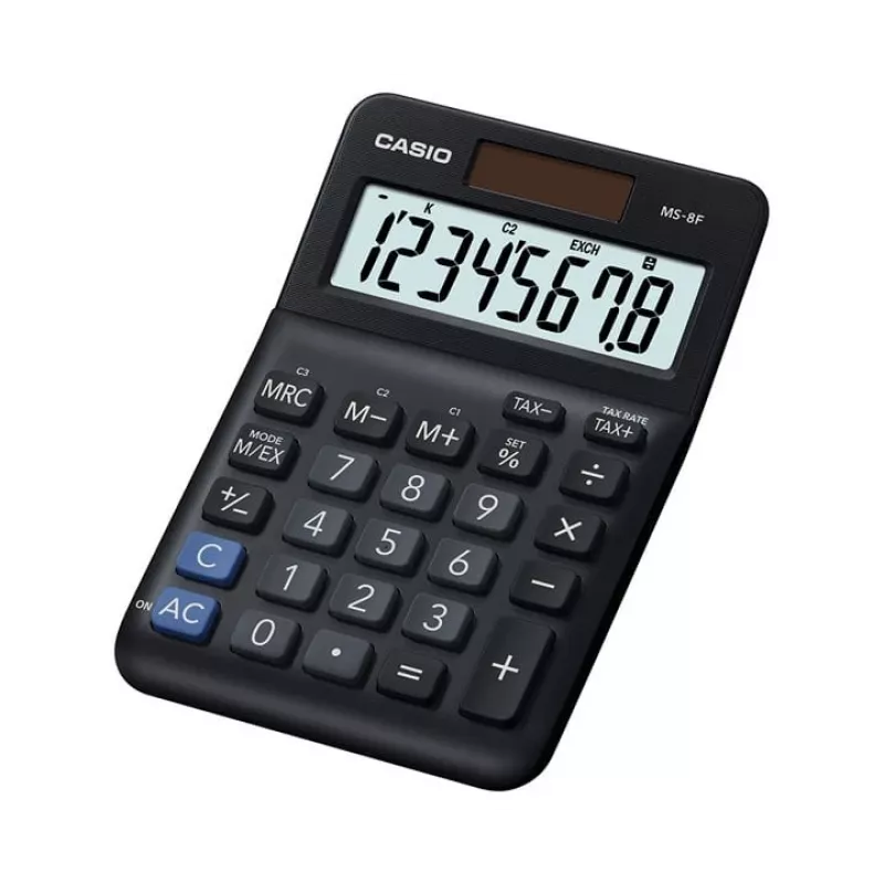 Podstawowy kalkulator biurkowy CASIO MS-8F – 8-cyfrowy, bateria/słoneczny, 26 klawiszy, funkcje walutowe i podatkowe, obliczanie zysku, czarny