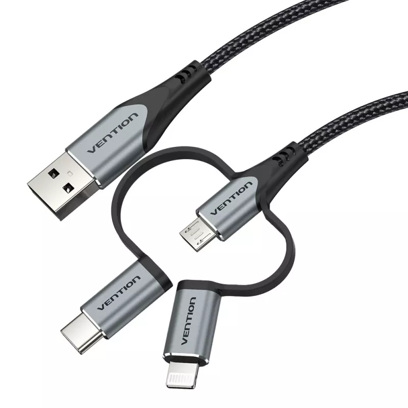 Kabel Vention USB 2.0 A męski do 3-w-1 Micro-B&USB-C&Lightning męski 1M szary stop aluminium typ