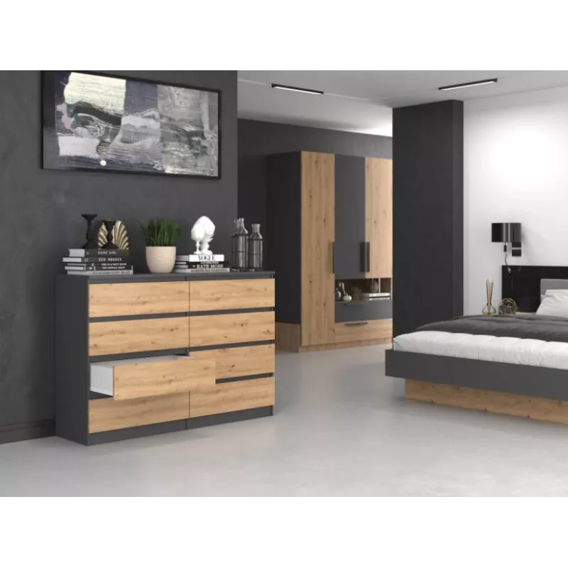 Komoda Top e shop M8 140 ANT/ART — 8 szuflad, Antracyt/Dąb, 1380×400×970 mm, Płyta wiórowa