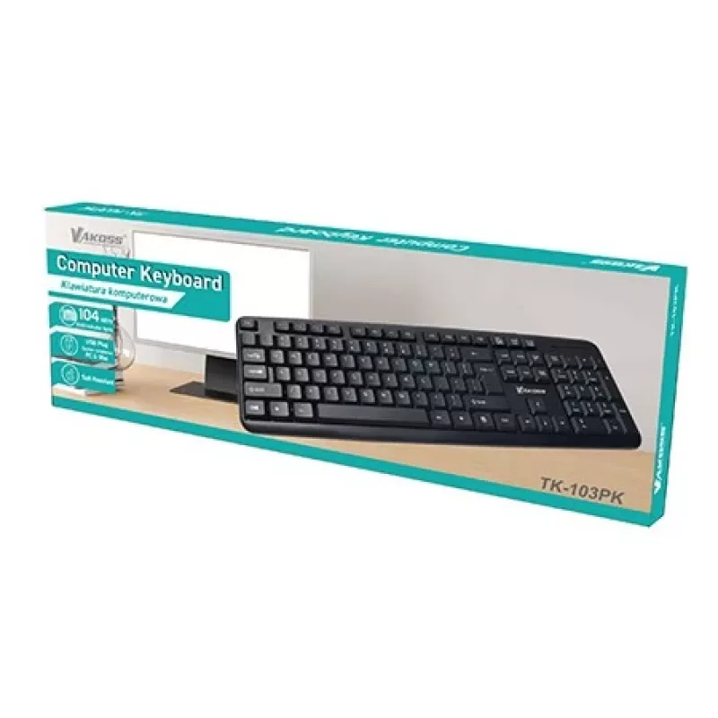 Przewodowa pełnowymiarowa klawiatura VAKOSS TK-103PK — USB, 104 klawisze, klawiatura numeryczna, czarna, kabel 1,4 m