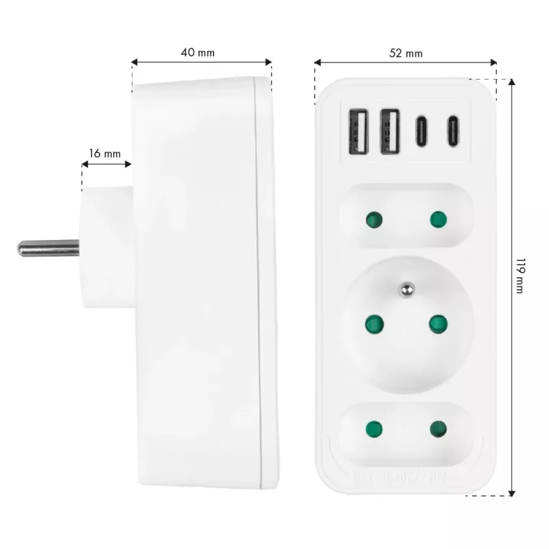 Rozgałęziacz zasilania MACLEAN MCE248 F/W — 3 gniazda AC (1×16A, 2×6A) + 4×USB (2×A, 2×C PD 20W), wtyczka EU, biały