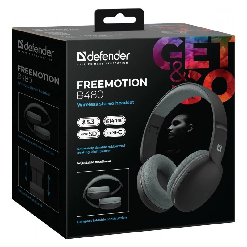 Słuchawki bezprzewodowe DEFENDER Freemotion B480 — nauszne, zamknięte, Bluetooth, 20–20000 Hz, 99 dB, USB-C, AUX