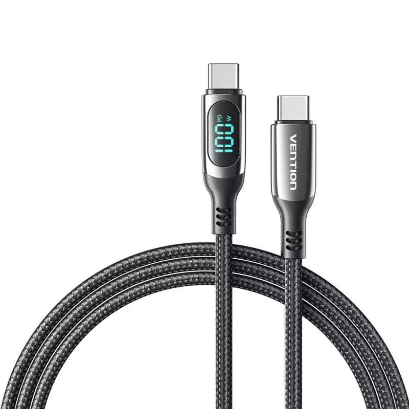 Vention bawełniany pleciony kabel USB 2.0 C męski na C męski 5A z wyświetlaczem LED 1,2 m czarny stop cynku typ