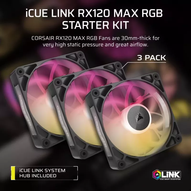 Corsair iCUE LINK RX120 MAX ARGB wentylatory do obudowy 120 mm, zestaw 3 szt., czarny