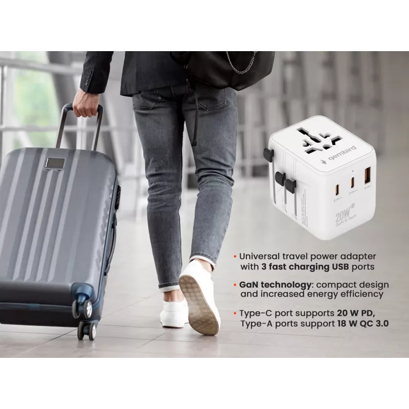 Podróżny zasilacz sieciowy GEMBIRD TPA-1A2C20-01-W — 20 W, USB-A (18 W) + 2× USB-C (20 W), wtyczka typu E, biały