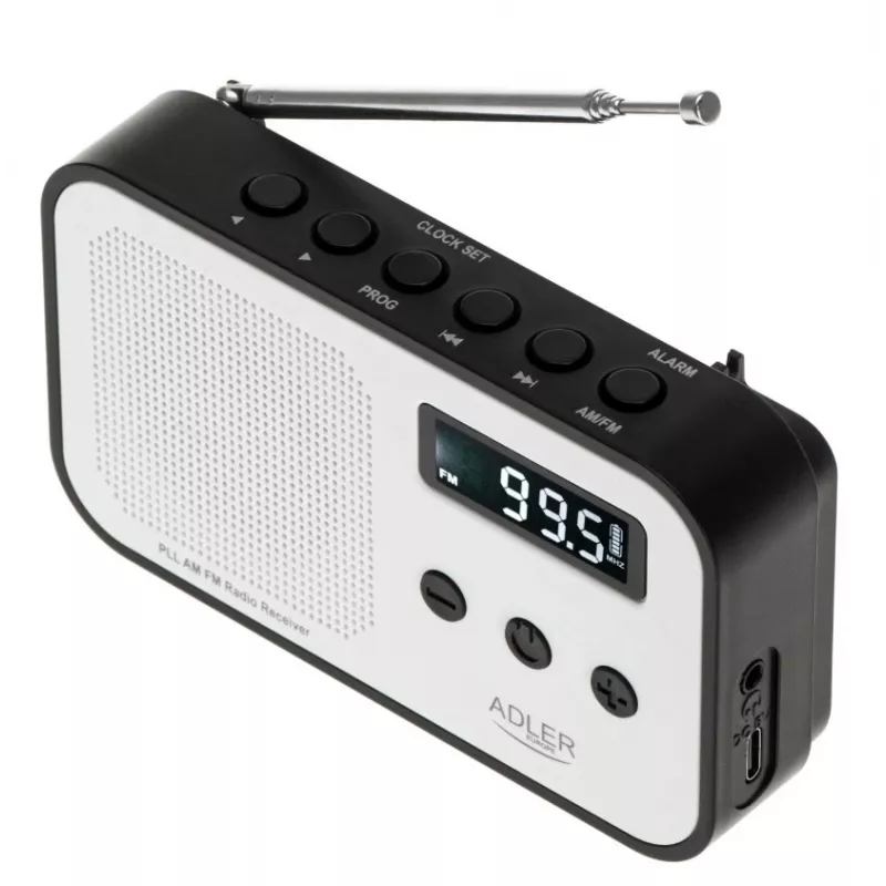 Przenośne radio cyfrowe Adler AD 1907 — AM/FM, tuner cyfrowy, alarm, USB-C, bateria 600 mAh, LCD, 20 ustawień, antena teleskopowa