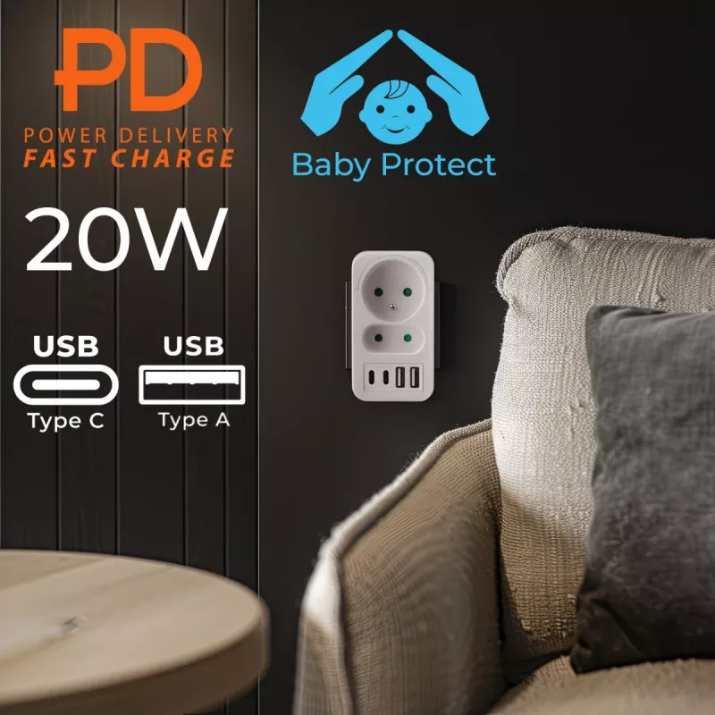Rozdzielacz zasilania MACLEAN MCE249 F/W — 2x gniazda sieciowe (16A + 6A) i 4x USB (2x A, 2x C PD 20W)
