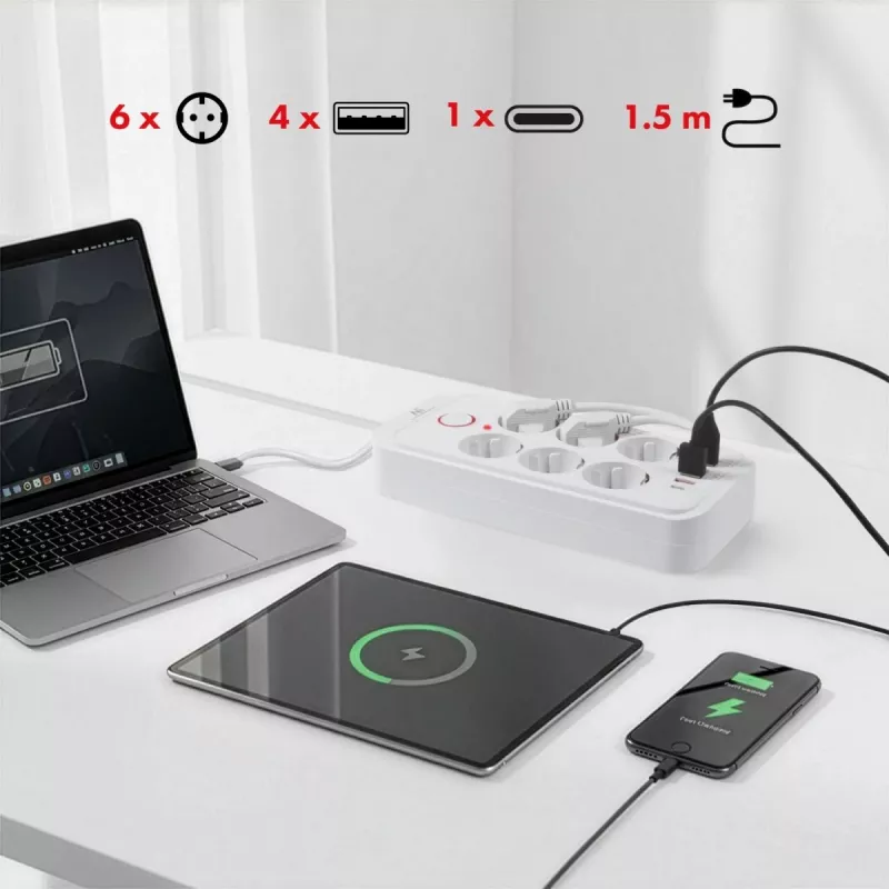 Listwa zasilająca MACLEAN MCE389 W — 6 gniazd, 4×USB-A, 1×USB-C, 2500 W, 110–240 V, przewód 1,5 m, biały