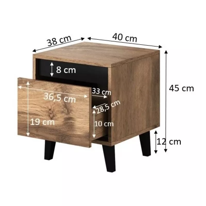 Szafka nocna NORD, zestaw 2 szt., 40×38×45 cm, dąb wotan/antracyt, 1 szuflada, rama 16 mm