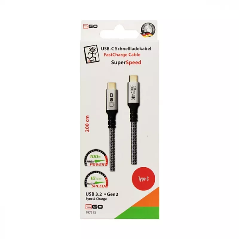 Kabel USB 2GO 797513 USB 3.2 Gen 2 2 m USB C srebrny