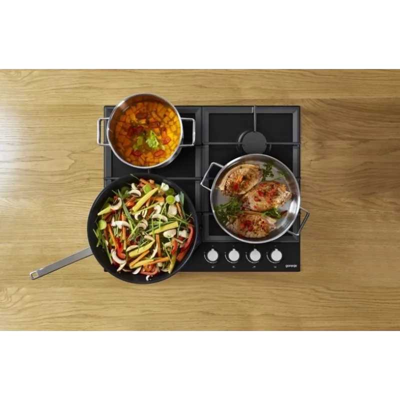 Gas hob Gorenje GT641KB, built-in 60 cm, 4 gas zones, tempered glass, cast iron grates, rotary knobs
