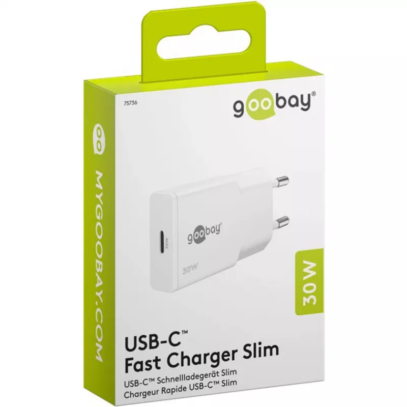 USB-C PD GaN Fast Charger cienki (30 W) (Biały)