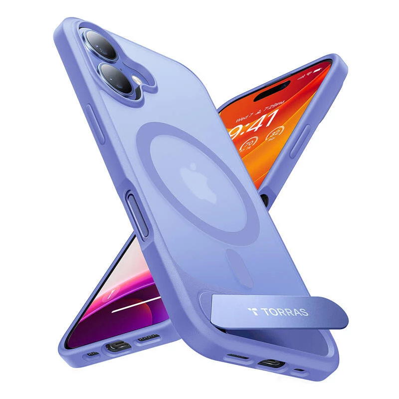 Etui ochronne Torras serii Pstand do iPhone 16 — Niebieskie, wąska konstrukcja z zintegrowaną podstawką