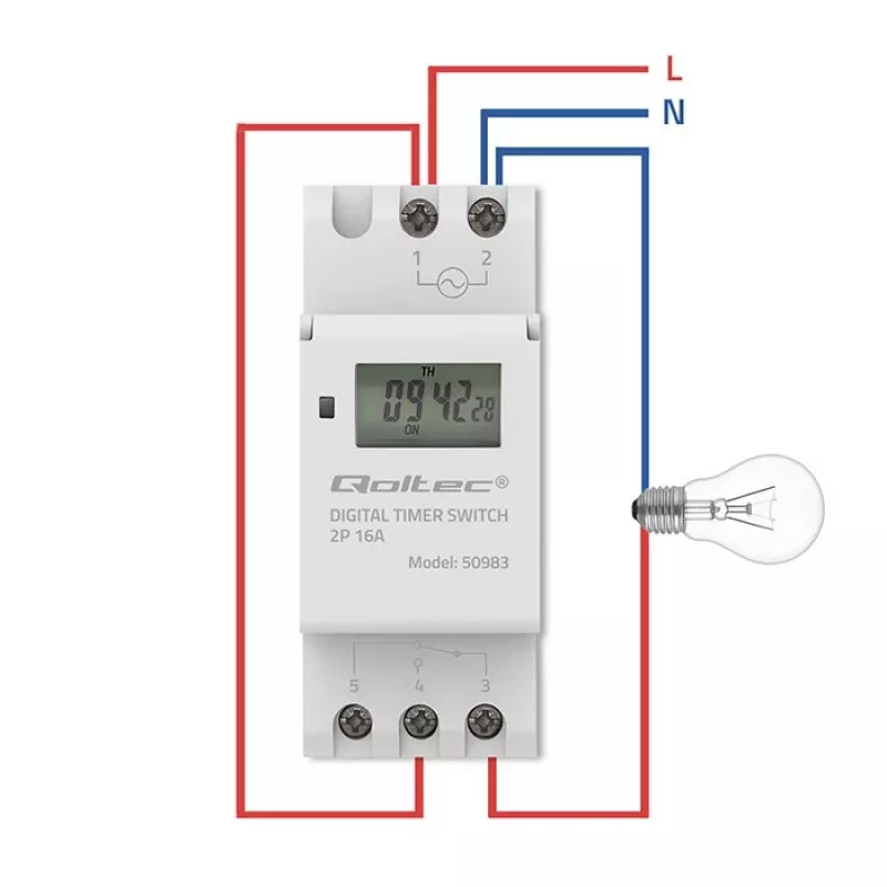 Elektroniczny przekaźnik czasowy na szynę DIN QOLTEC 50983, zasilany baterią, do obwodów automatyki