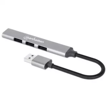 Manhattan USB-A 4-Portowy Hub, 4x porty USB-A (1x USB 3.2 Gen1 5 Gbps aka USB 3.0, 3x USB 2.0 480 Mbps), zasilany z portu USB (nie wymaga zewnętrznego zasilacza), Aluminium