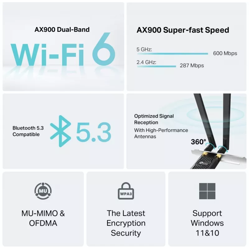 Karta sieciowa Wi-Fi 6 Bluetooth PCIe TP‑LINK Archer TX10E AX900 — karta PCIe, Wi‑Fi 6 AX900, Bluetooth