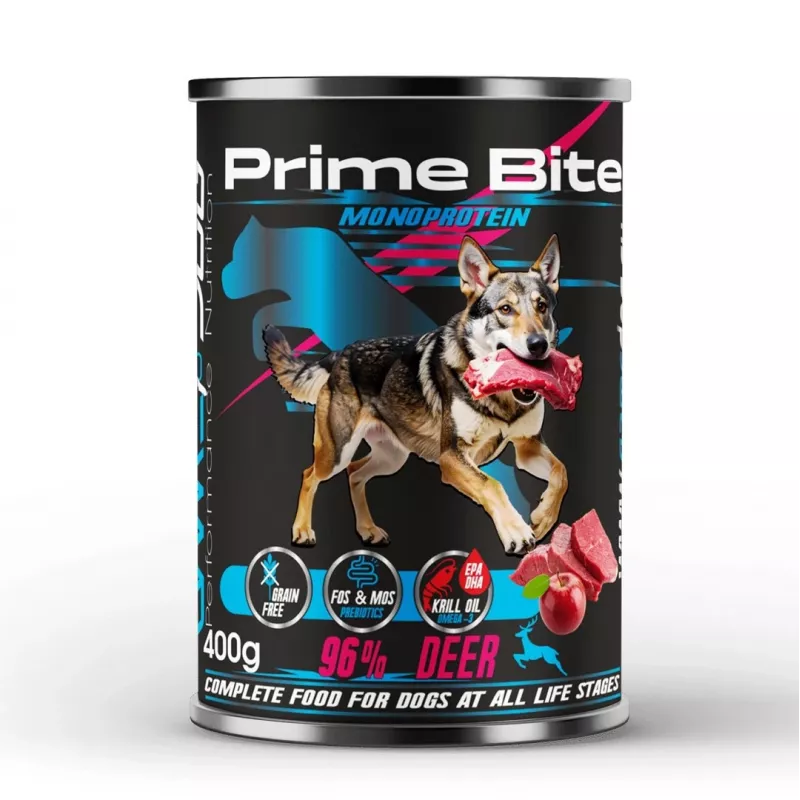 PRIME BITE Monoprotein Jeleń z jabłkiem - mokra karma dla psów - 400g